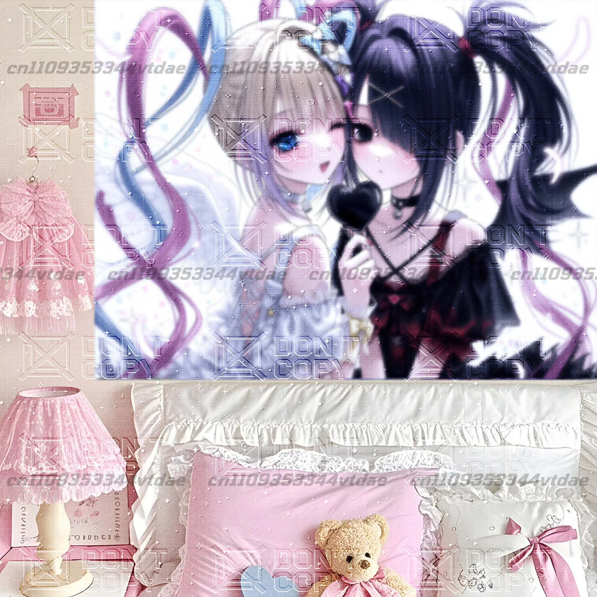 Y2K Pastel Goth Wall Tapestry, Twin Angel Devil Pigtail Anime Girls Print, Cute Dark Style Background Cloth for Anime Fans