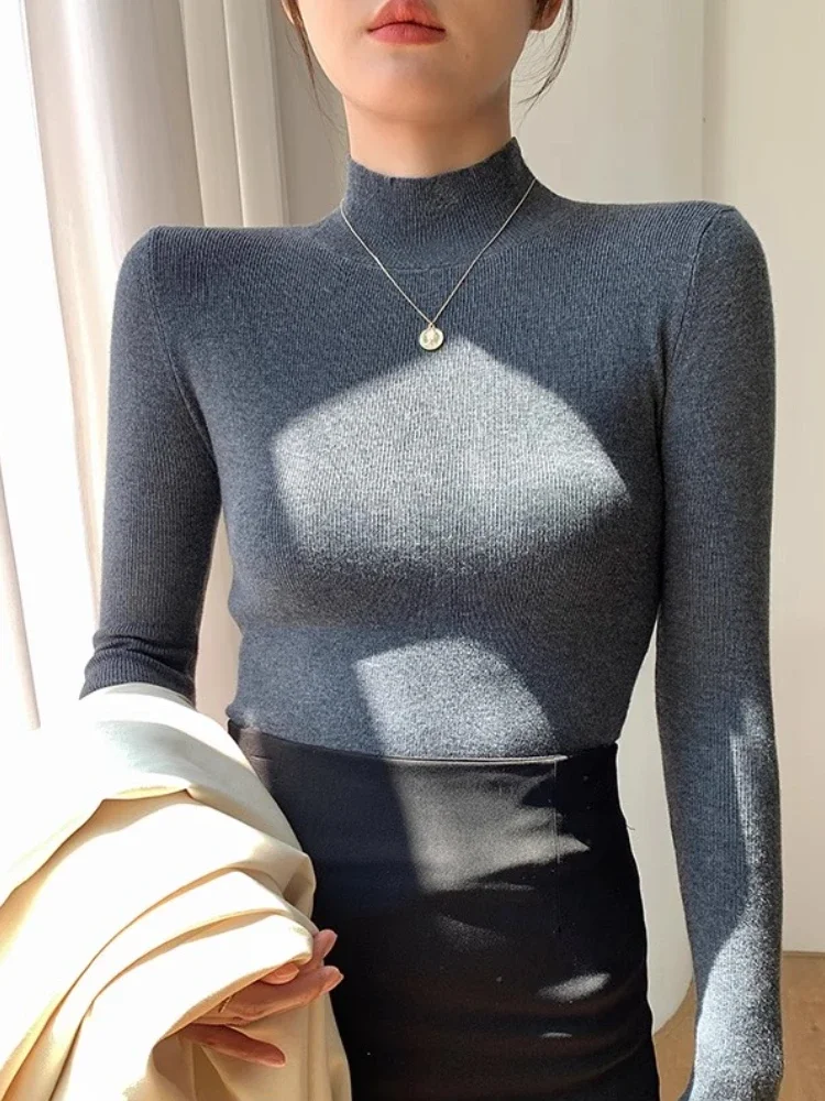 

2025 Korean Simple Chic Sweater Autumn Winter Women Sweater Vintage Basic Solid Knitted Tops Casual Slim Turtleneck Pullovers
