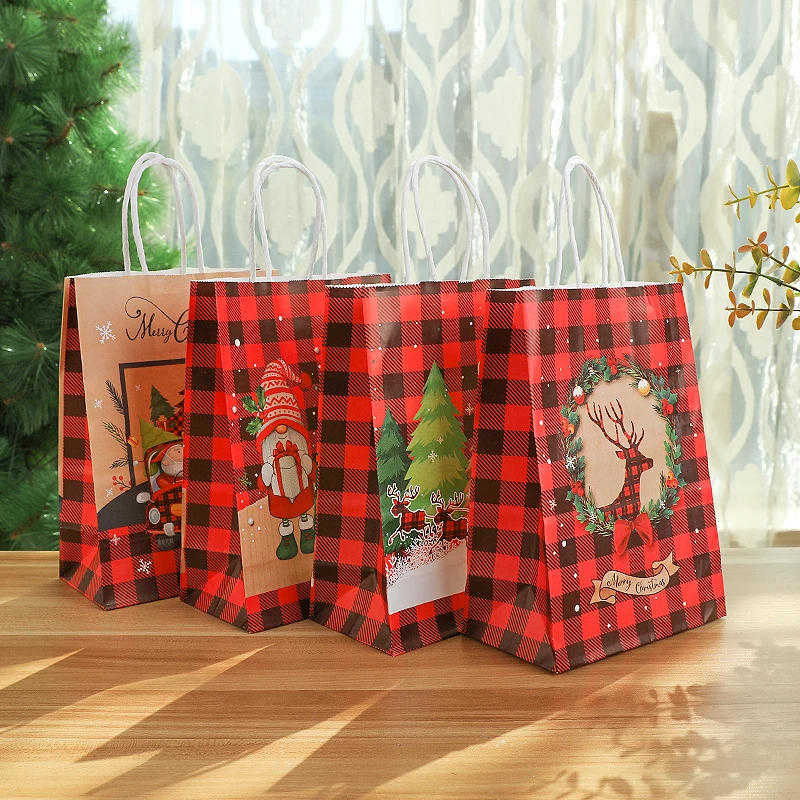 

4pcs Christmas Gift Bag With Handle Paper Craft Cartoon Santa Red Black Checkered Pattern Christmas Present Package Party Supply