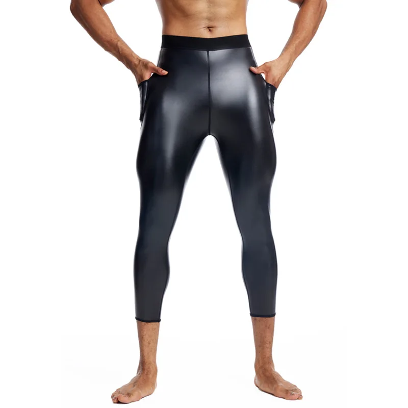 Men Faux Leather Compression Pants High Waist Tummy Control Butt Lifter Shapewear Leggings Slimming Fitness Tights Pocket