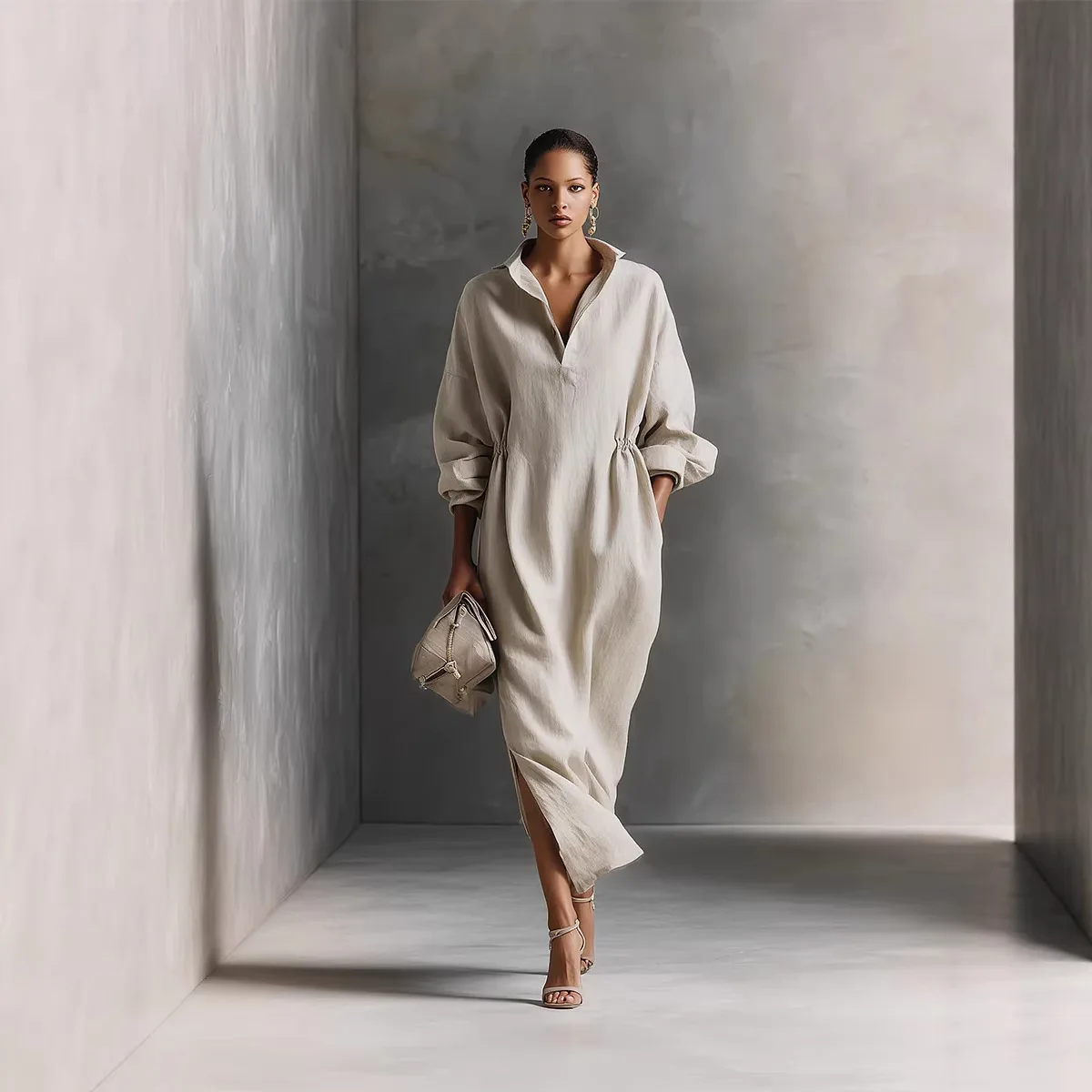 

2026 New Fashion Waist Dresses Women Spring Casual Loose Solid Color V-neck Home Long-sleeved Slit Crumpled Dress For Women