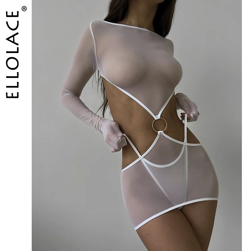 Ellolace Sensual Lingerie Transparent Babydoll Sheer Mesh Cutout Waist Dress Hot Porn Outfit Uncensored Tulle Erotic Costume