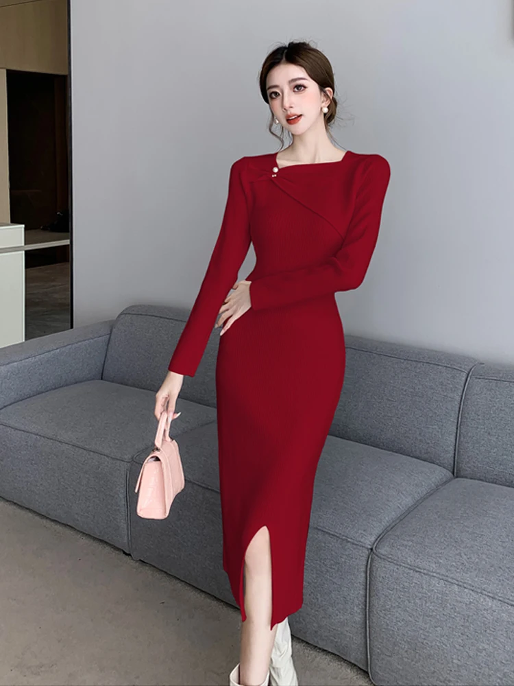 2024 Women Design Sense Split Knitted Dress Autumn Winter French Retro Temperament Advanced Sense Over The Knee Mid Length Skirt