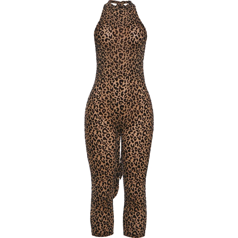 Kliou Imprimé Léopard Combishorts Femme Bandage Halter Dos Nu Sans Manches Skinny Pêche Hanche Chaude Filles Rue Style Classique