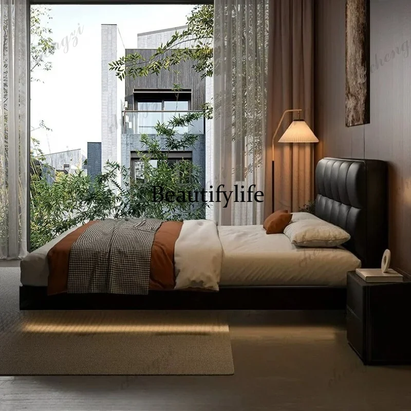 A49 Luxury modern leather black floating double bed 2 people lit 150x200 180x200 200x220cm bedroom beds and bed frames furnitur