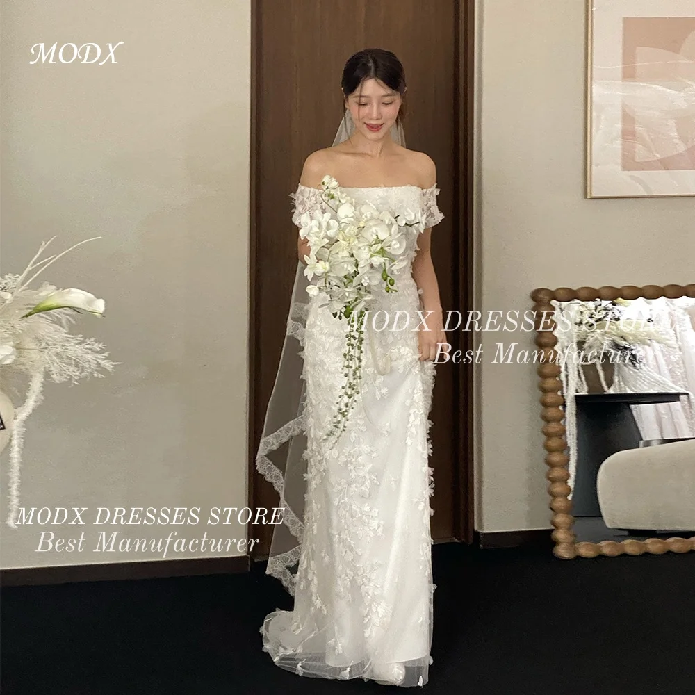 

MODX Exquisite Flower Appliques A-Line Korean Wedding Dress Tulle Bridal Gown for Photo shoots Customized Vestidos Novias Boda W