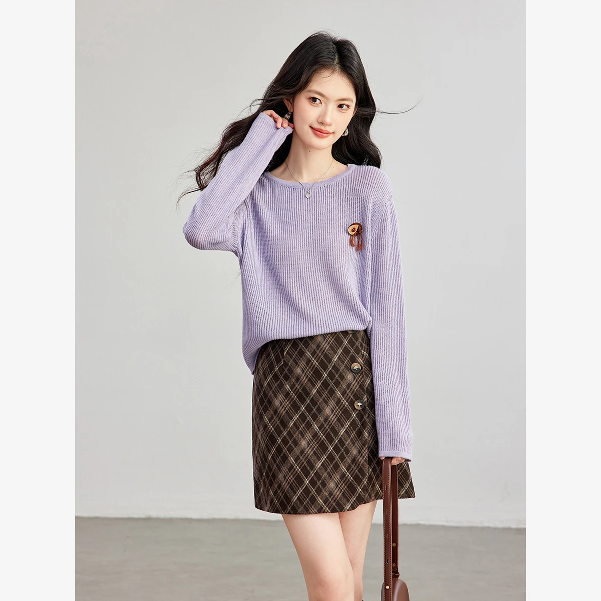 VIMLY Purple Knit Sweater Women 2026 Fall Elegant Tassel Brooch Loose-fit Pullover Casual Fashion Long Sleeve Top Female 31725