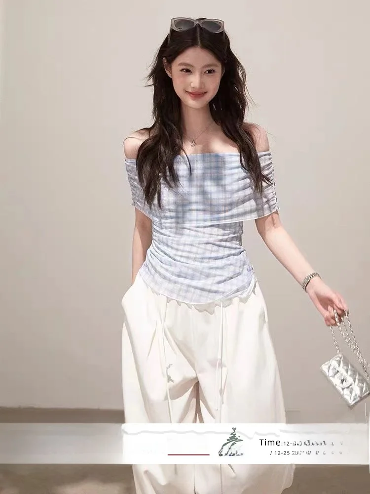 

Exue Meatl клетчатая футболка на одно плечо, женская летняя утягивающая футболка нестандартного дизайна, повседневная футболка Sle ort Sve irt