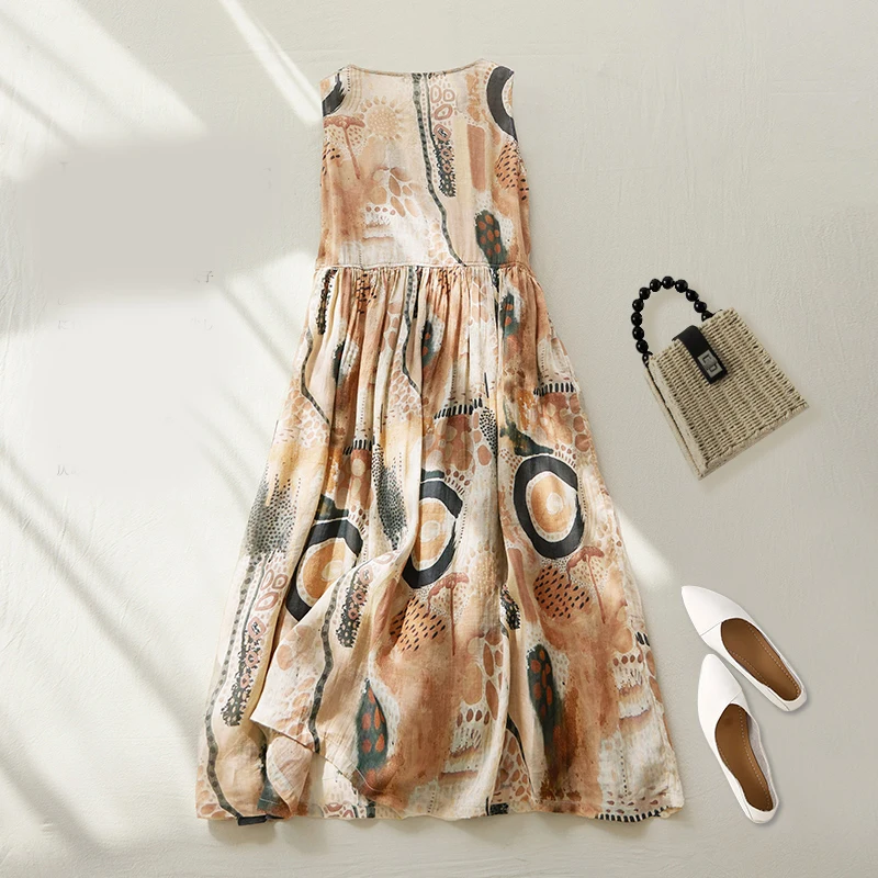 Cotton and Linen Printed Undershirt Round Neck Dress Women 2025 Summer New Literary Retro Loose Temperament Casual Dresses