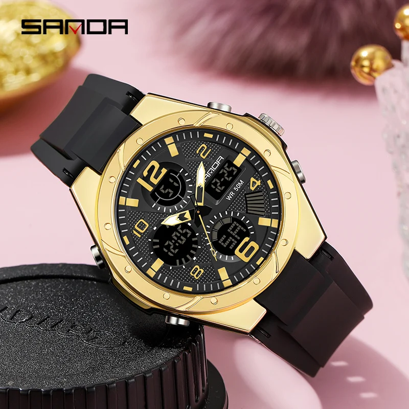 SANDA Luxury Ladies LED Digital Sport Watch Fashion Casual Gold Wrist Watch Women Girl Military Waterproof Quartz Wristwatches