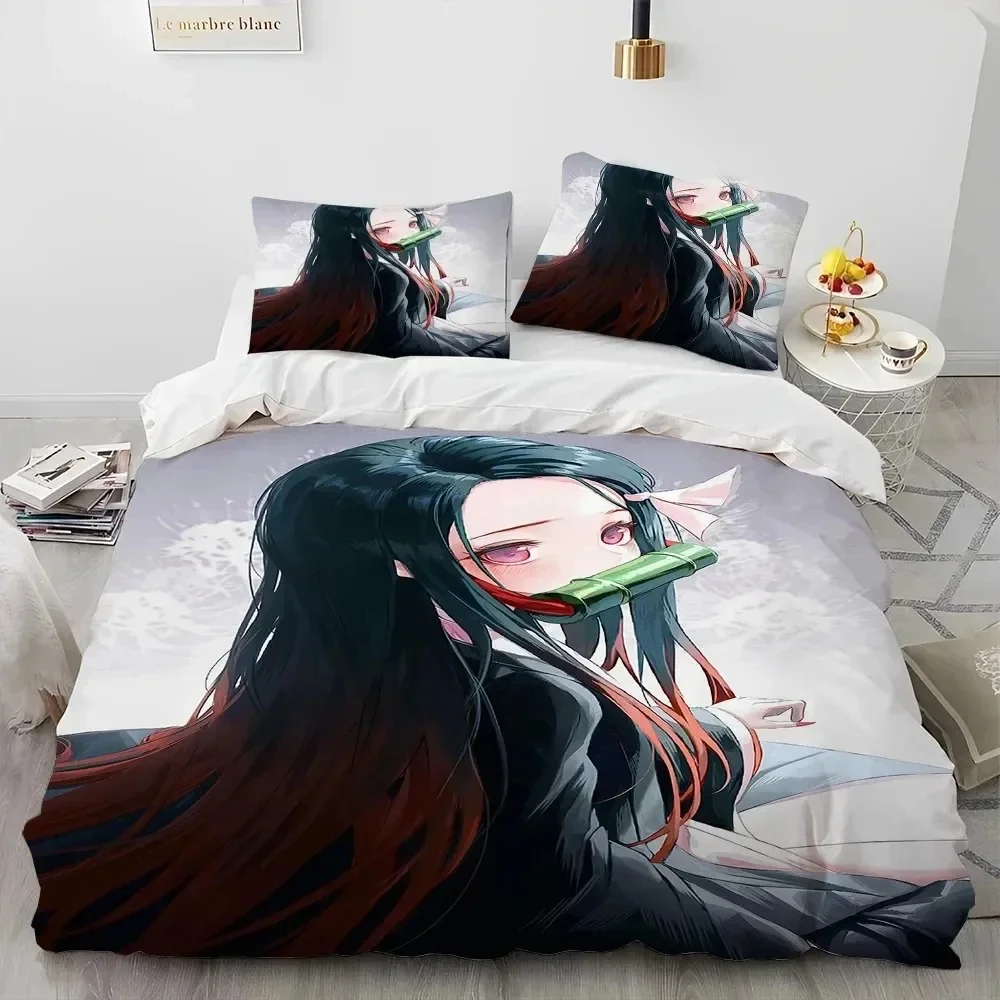 Demon Slayer Bedding Set Kamado Nezuko Duvet Cover Set Bedspread Pillowcase King Queen Full Single Size Bed Linen Boys Teen Gift