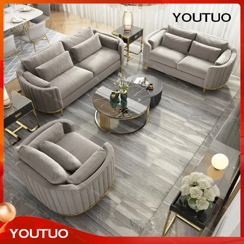 Light Luxury Gray Flannel Sofa Set Modern Small Apartment Living Room Straight 3 Seater Couch Home Furniture
