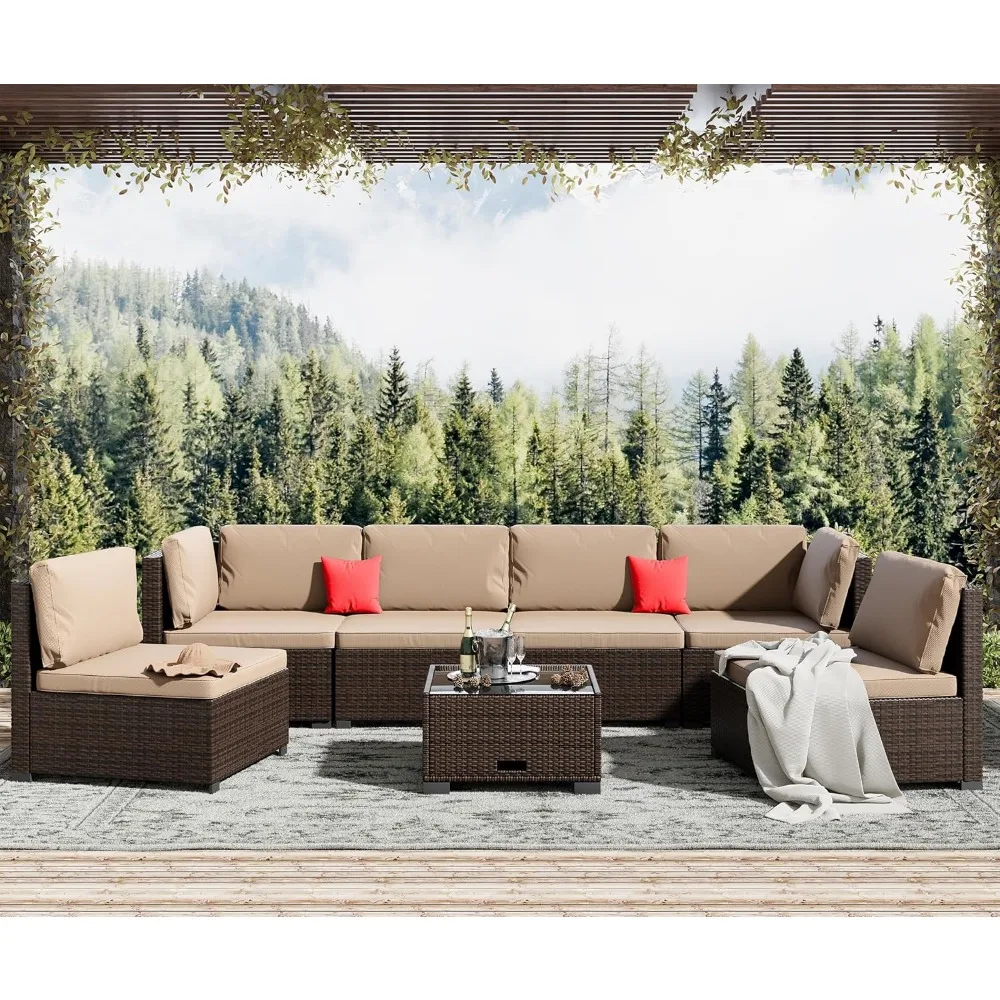 7-delige Terrasmeubelset, Buitenmeubilair Terras Sectionele Bank, All Weather Pe Rotan Sectional Met Kussen En Glazen Tafel