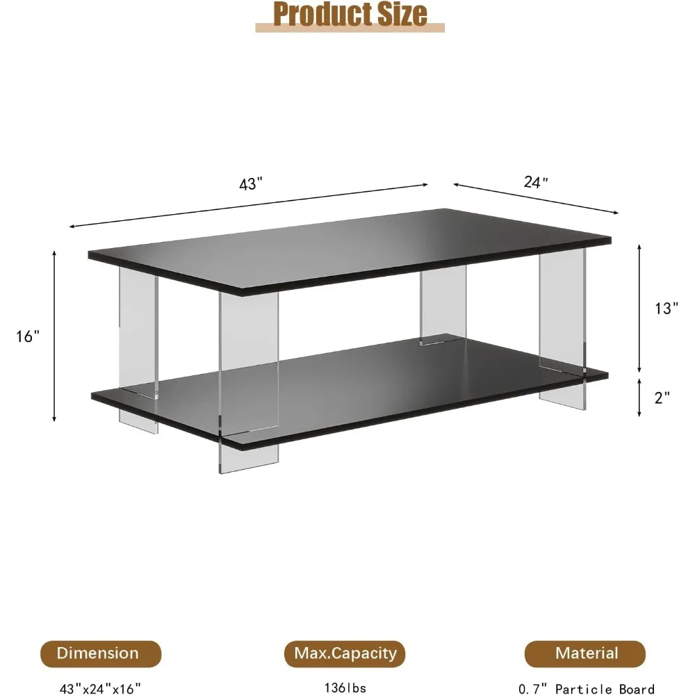 43" Acrylic Coffee Table with Black Wood Top, Minimalist Stylish Modern Rectangular Center Tables for Living Room, Led Living Ro