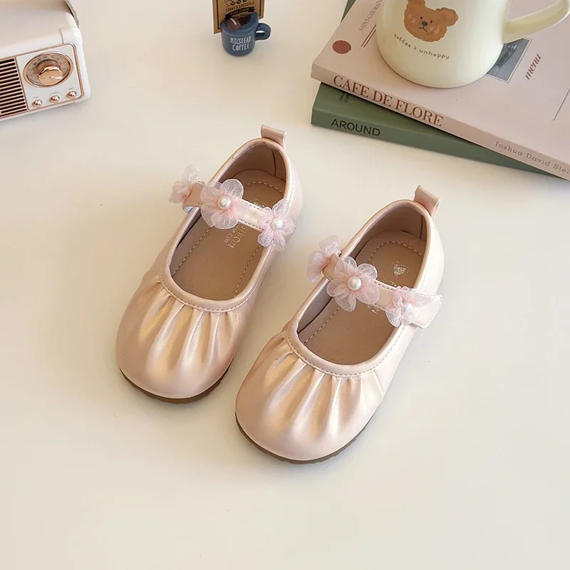 

Girls Princess Leather Shoes Simple Pleated Kids Fashion Wedding Party Shoes Elegant Lace Versatile Children Causal Flat Shoes