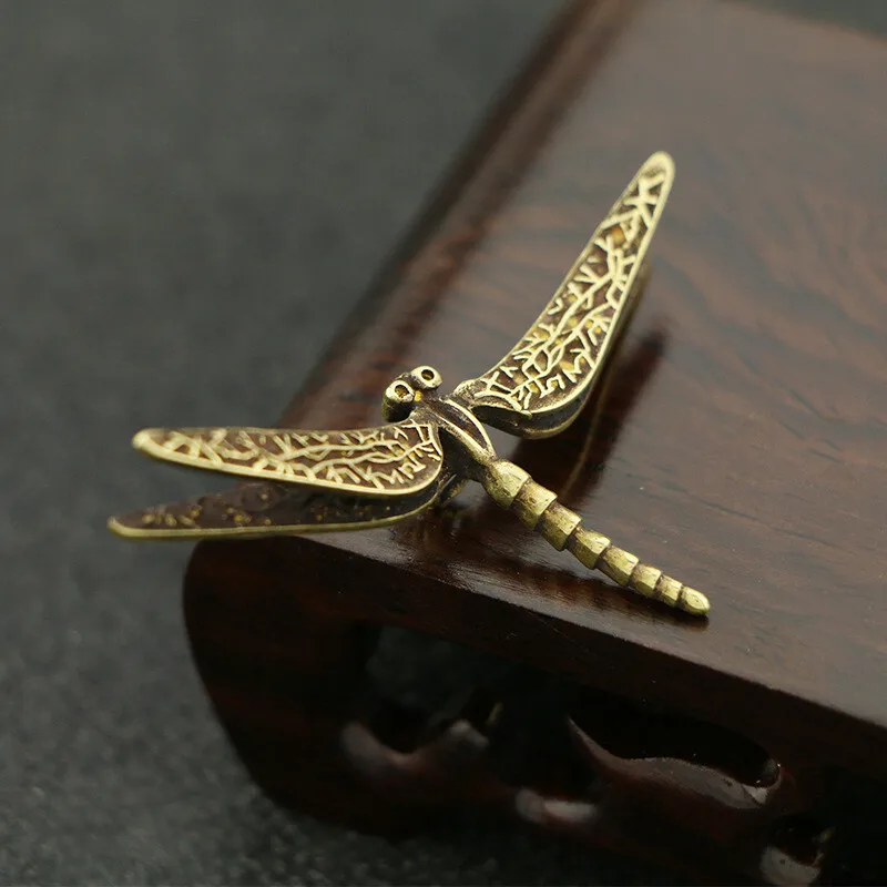 Solid Brass Dragonfly Insect Sculpture Small Ornament Tabletop Display Collectible Home Accessory