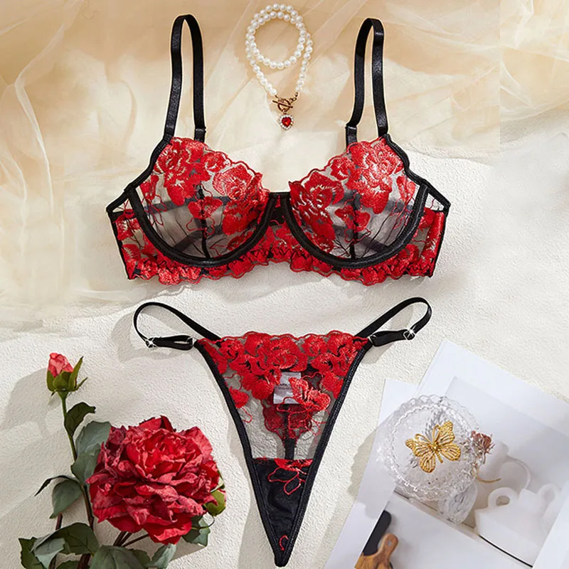 

Sexy Lingerie Floral Embroidery Mesh Underwear See Through Intimate Lingerie Set Female Three-Point Underwear Ultra Thin Bra Set