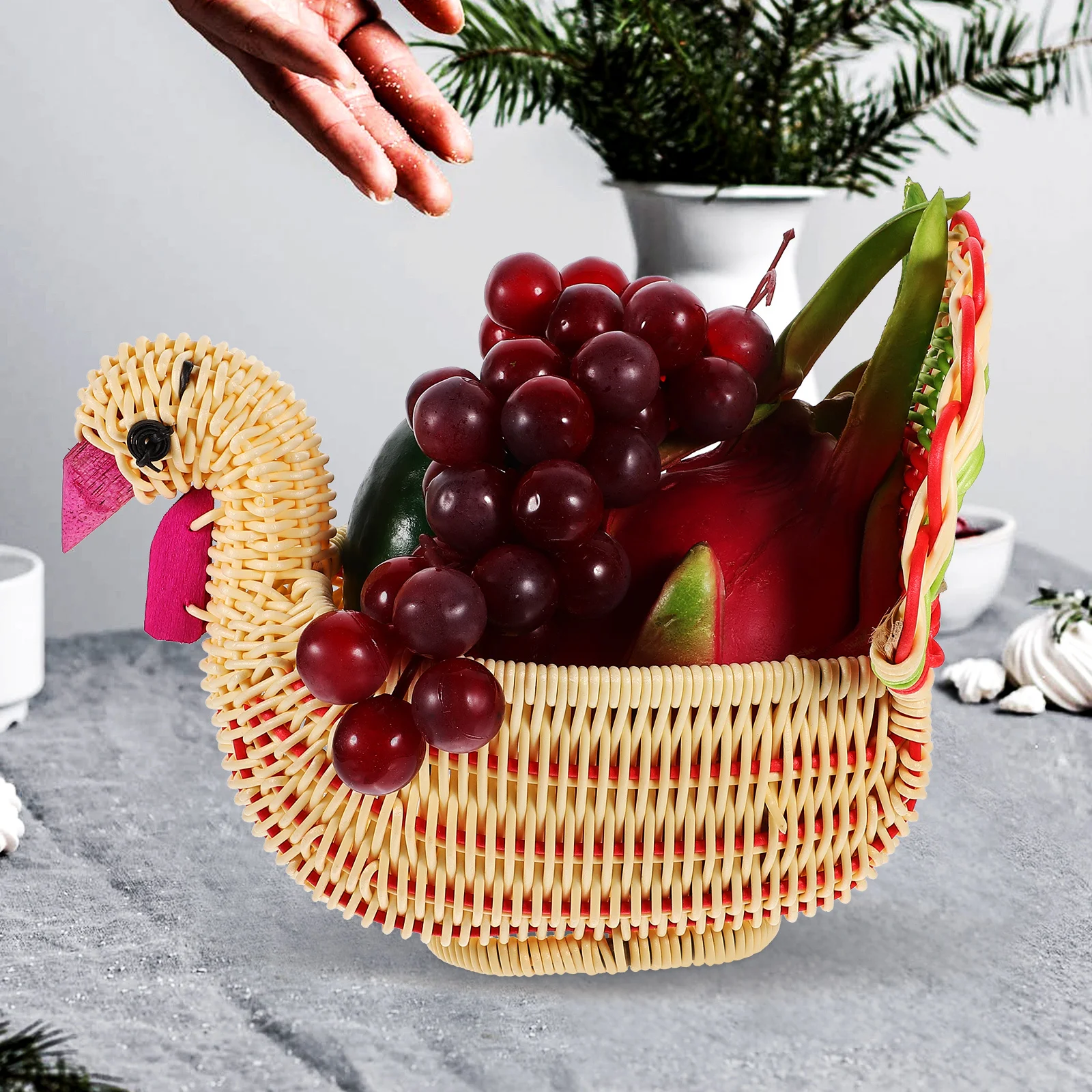 

Turkey Shape Woven Storage Basket Imitation Rattan Material Multi-Purpose Fruit Container for Kitchen Home Use Organizes Fruits
