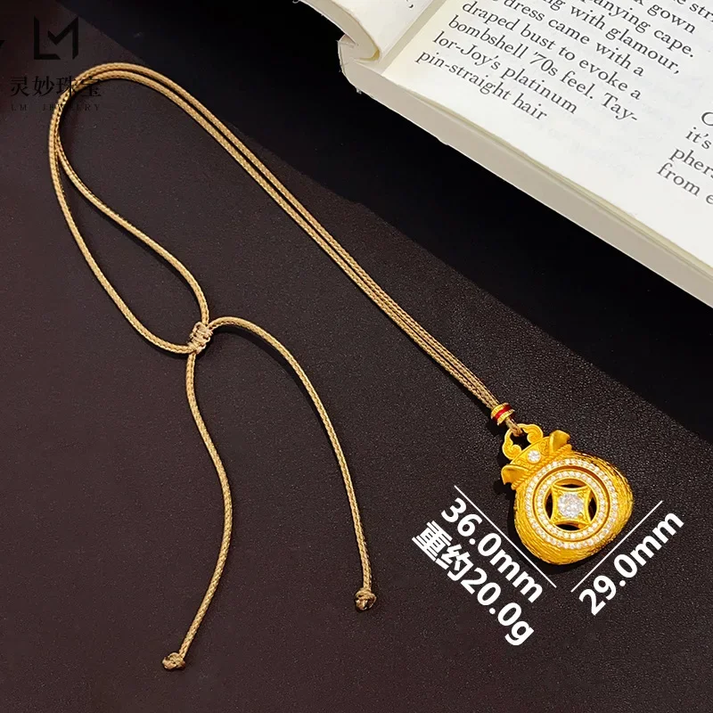 NovaGlod The same style as gold shop 9999 24K real gold dot diamond brushed money bag pendant necklace hollow rotating sweater c