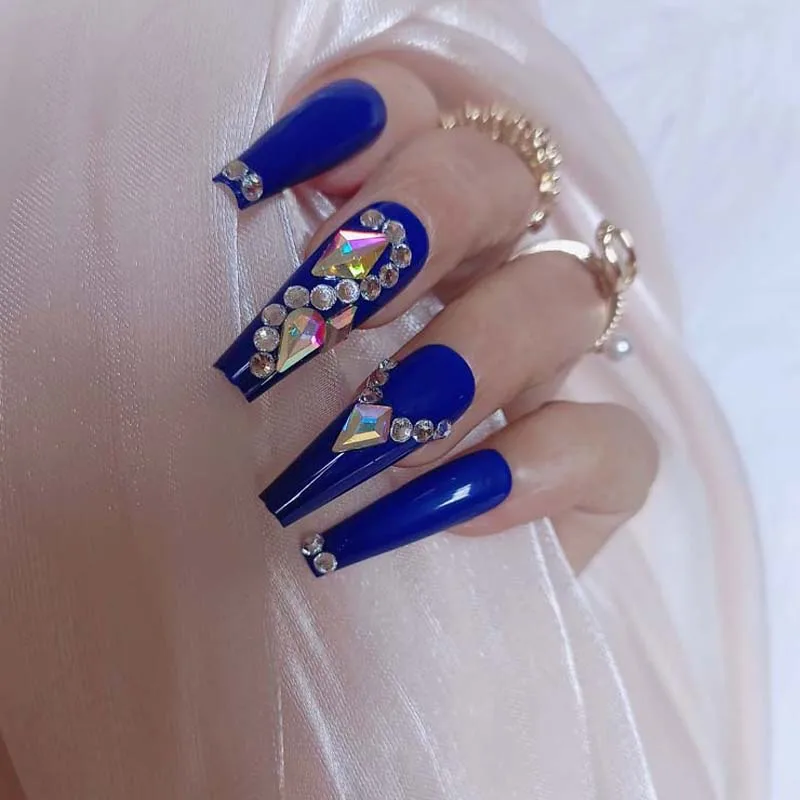 24Pcs Nieuwste Luxe Sieraden Ballet Doodskist Fake Nail Crystal Diamond Sexy Blauw