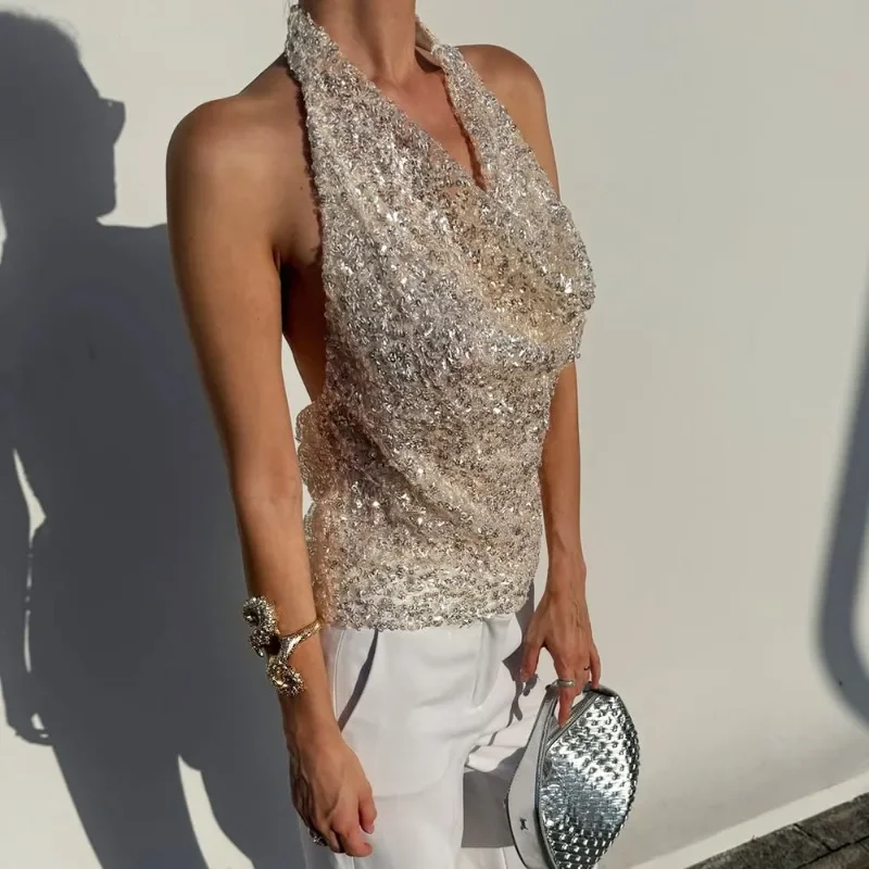 قميص قصير أنيق مزين بالترتر اللامع مثير للفتيات مثير بدون أكمام وظهر مكشوف ورقبة رسن علوية فاخرة للحفلات Y2k ملابس علوية للسيدات