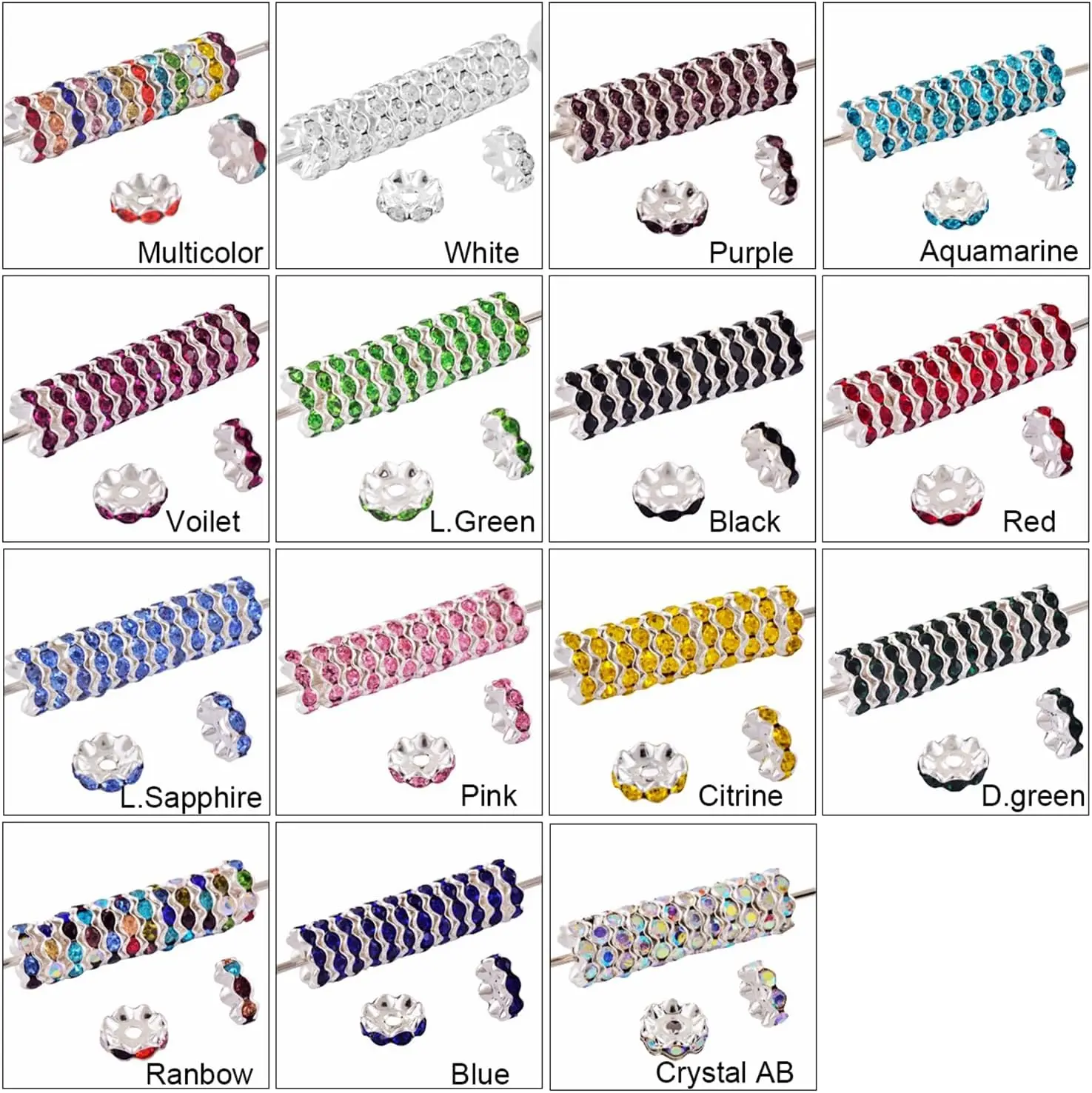 50pcs 12mm Rhinestone Alloy Spacers Colorful Wavy Beads For Jewelry Making, DIY Bracelet Necklace Craft Supplies Decorative