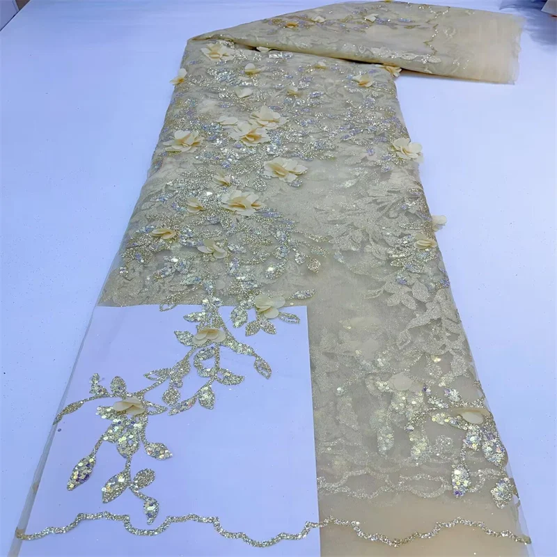 

High Quality African Nigerian Tulle Lace Fabric With Sequins Embroidery Sewing Guipure Yellow Prom Dresses 3D flower 5yards