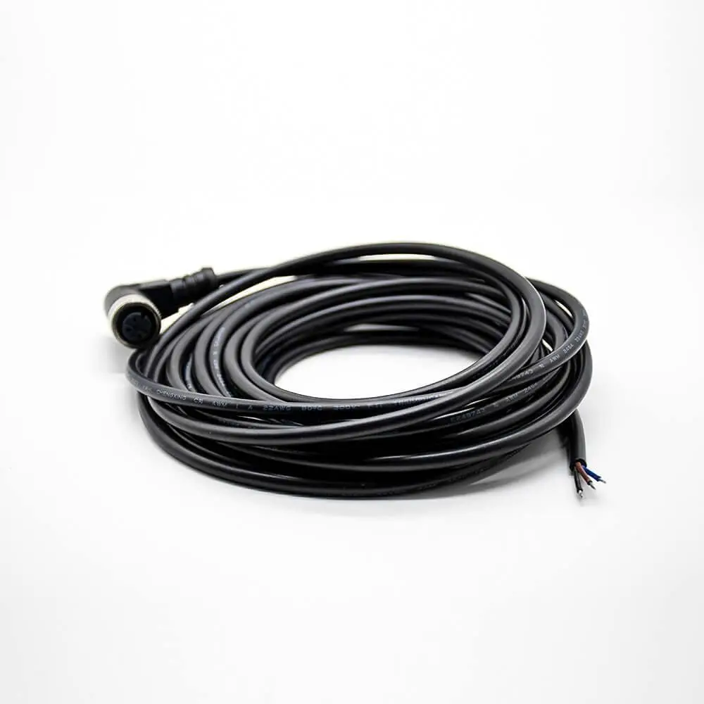 M12 Female 3 Pin A-Coding Right Angle Connector Molded Black Cable 5M AWG22