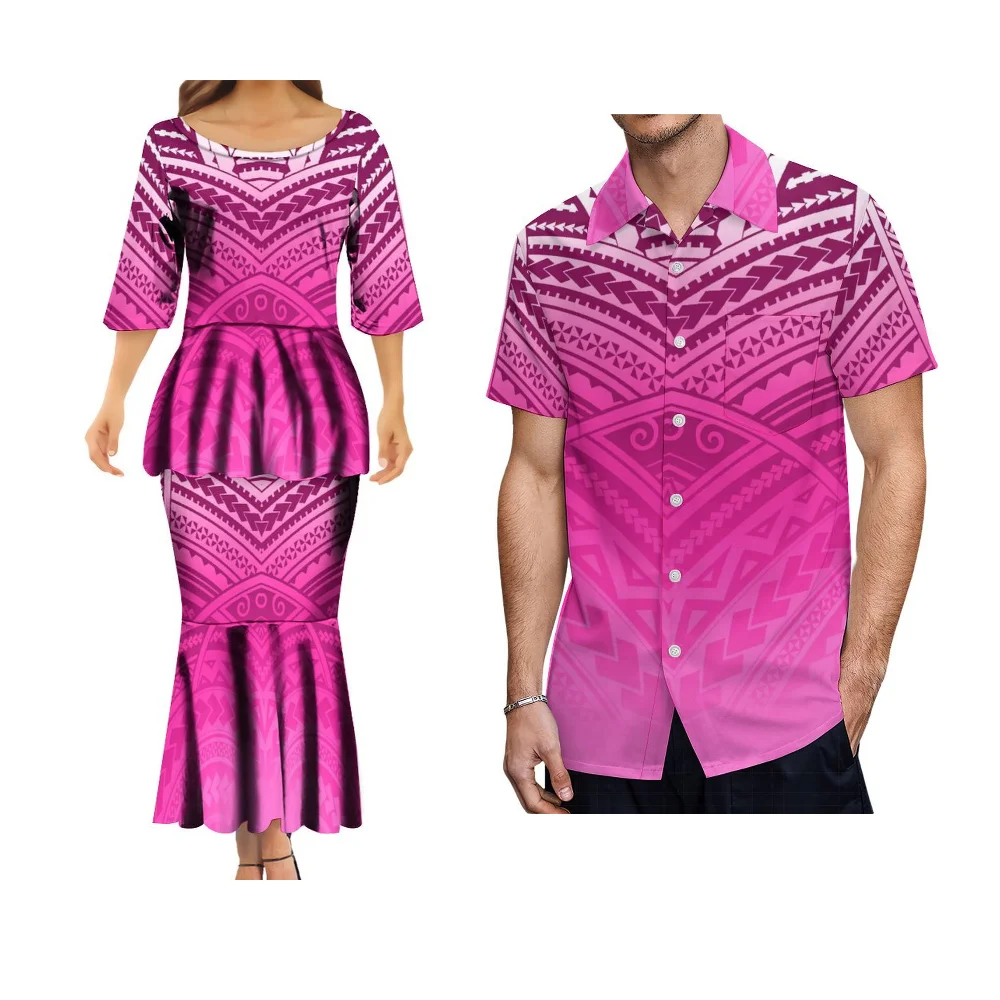 Terno de camada dupla masculino e feminino, gola redonda, impressão polinésia, design personalizado, top de camisa, vestido superior, casal, festa, conjunto 2 peças