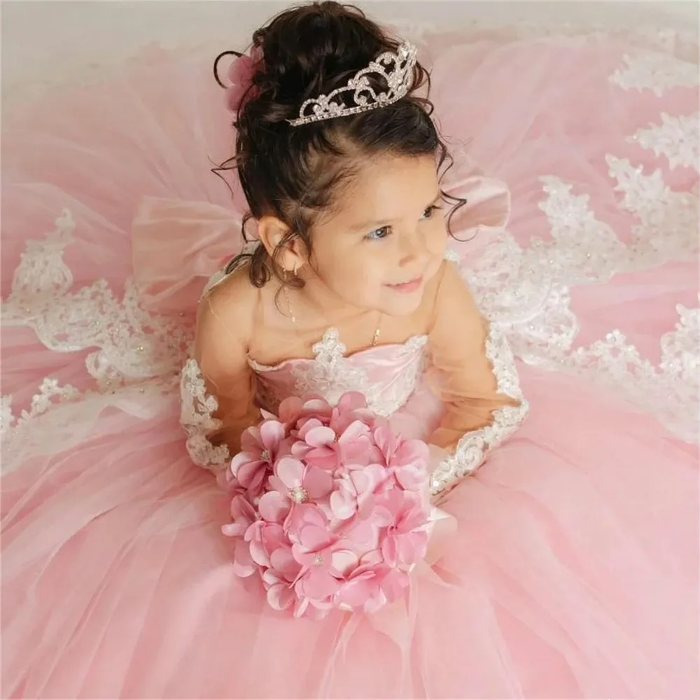 فستان فتاة الزهور الوردي المخصص لحفلات الزفاف بأكمام طويلة مزين بفيونكة دانتيل بطول الأرض للأطفال وحفلات أعياد الميلاد وصيفة العروس #1