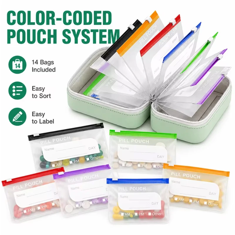 14PCS BPA-Free Weekly Pill Organizer Color Coded Waterproof Medicine Pouch Set with Zipper Design Reusable Vitamin Storage Holde