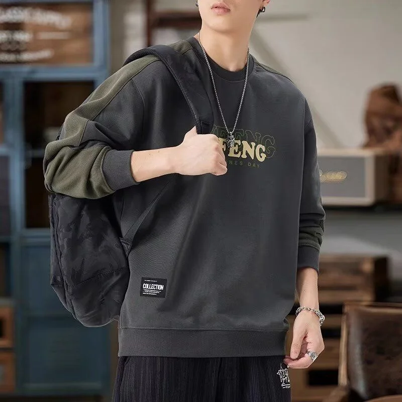 Spliced Contrasting Color Round Neck Sweatshirt Men Loose Casual Bottoming Shirt Autumn Printed Long-sleeved Top