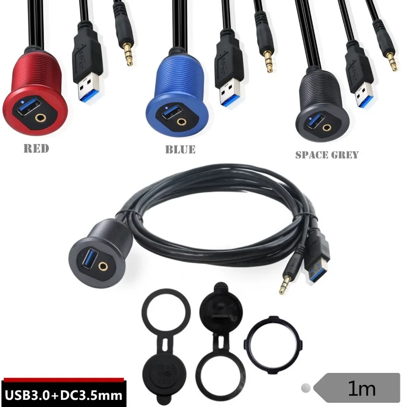 LED Light Metal Case Car Motorcycle Dashboard Cable with Bracket USB3.0 Audio Waterproof Cable USB + DC3.5