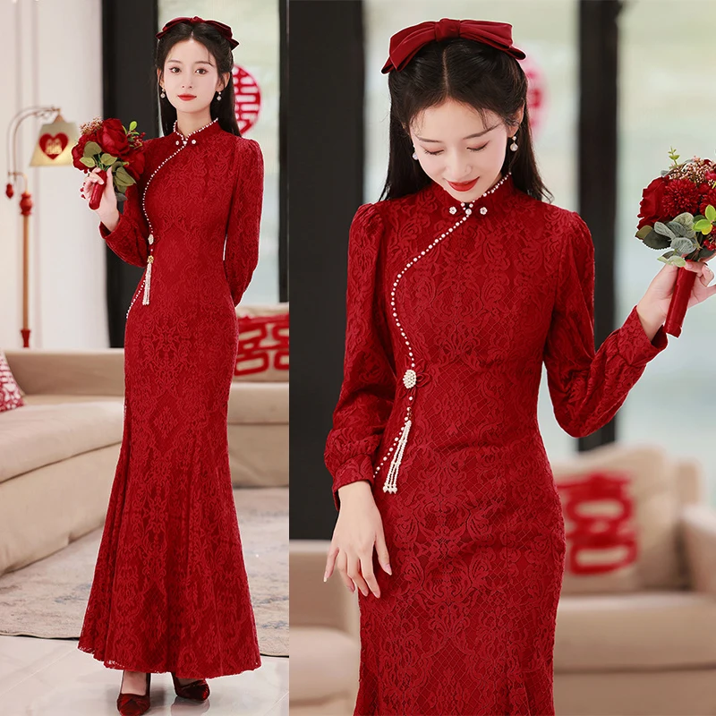 Burgundy Mermaid Dress Lace Qipao Chinese Style Bride Wedding Dress Gown Long Elegant Vestidos Vintage Mandarin Collar Cheongsam