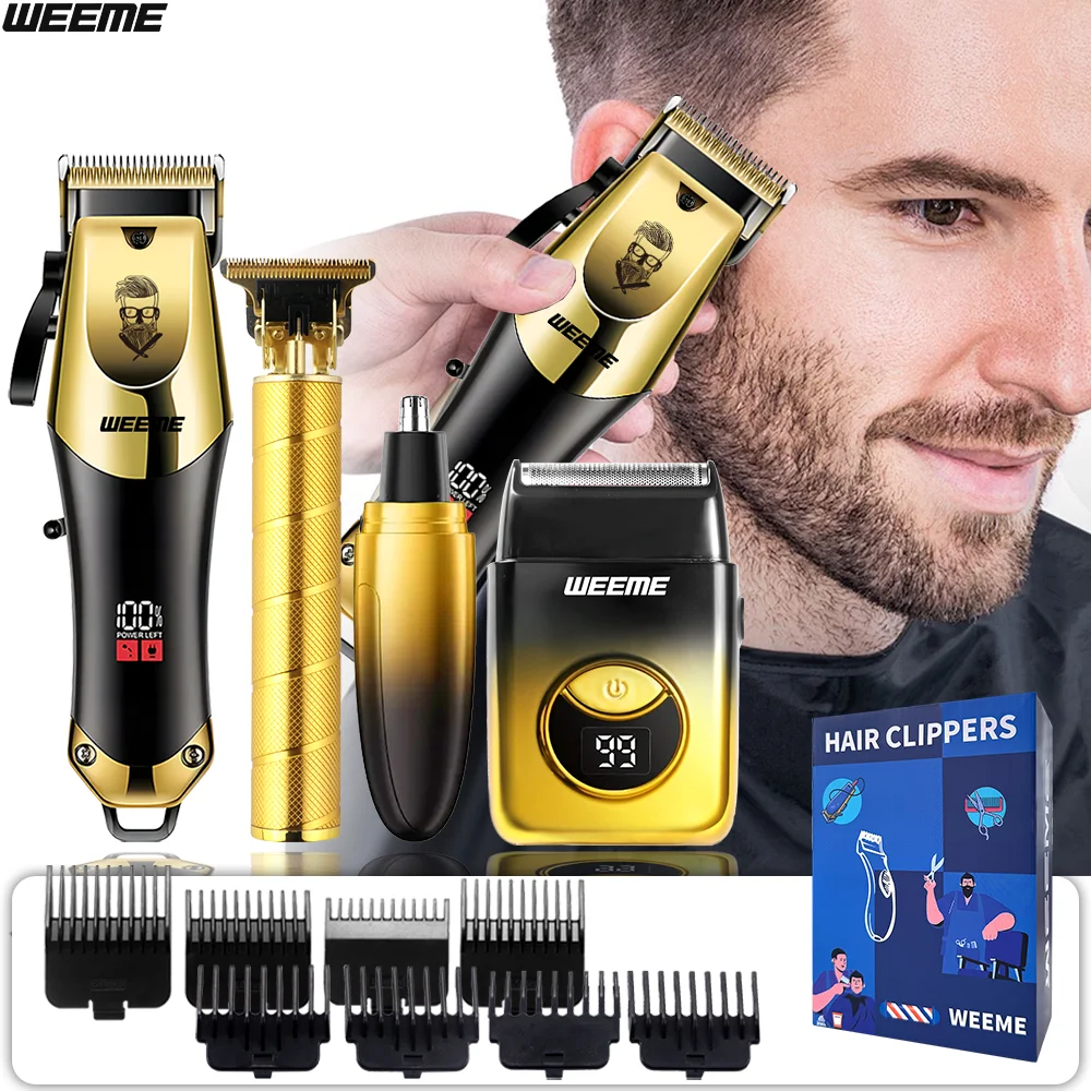 Wireless USB 4PCS Men's Hair Clipper Set & Nose Trimmer Rechargeable Lithium Battery Haircut Kit Ideal Gift for Him Golden Gradi