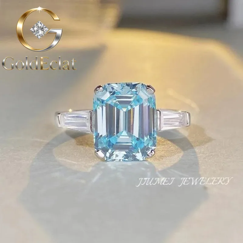 

GoldEclat Luxury Solid Platinum PT950 Aquamarine 6 karat Diamond Ring Women's Moissanite Ring