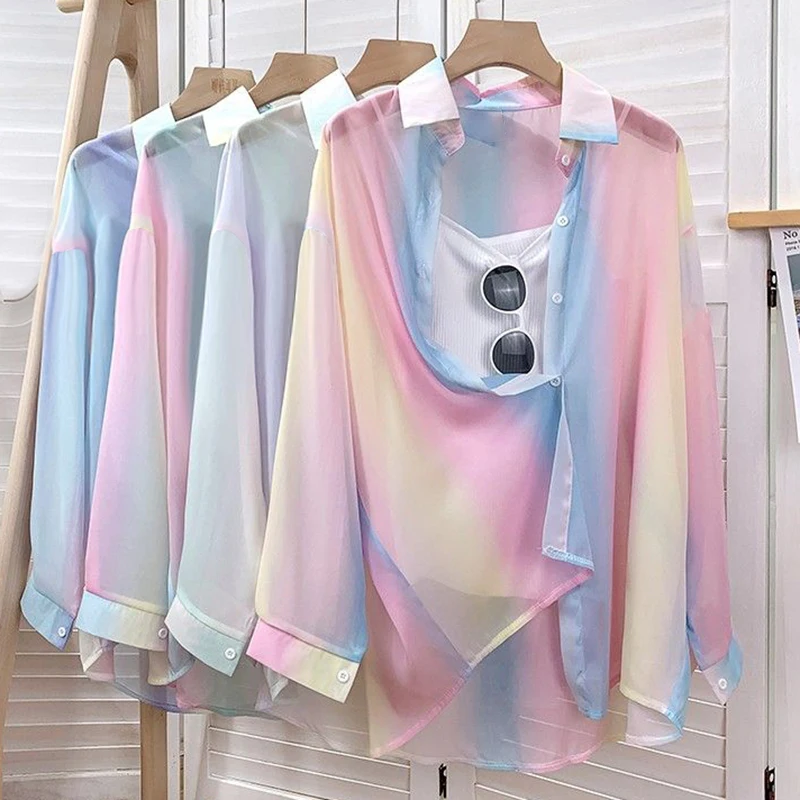 Irregular Gradient Rainbow Long Sleeved Shirt And Blouses Thin Youthful Women's Clothing Loose Top Pink Casual Transparent New