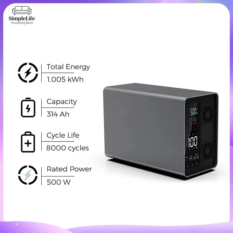 1kWh LiFePO4 Battery 500W Solar Energy Storage System Stackable Photovoltaic Power Bank Lightweight Home Off Grid Inverter