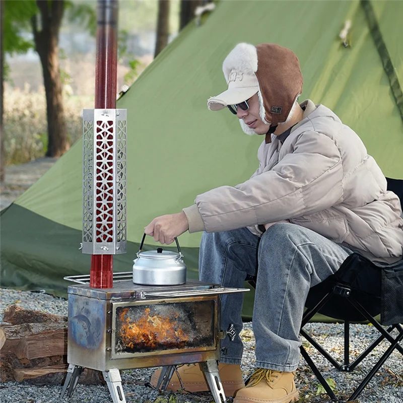 

RTSHE-Camping Hot Tent Stove Jack Stainless Steel Mesh Furnace Tube Chimney Cover Adjustable Screw Rod For Outdoor Camping
