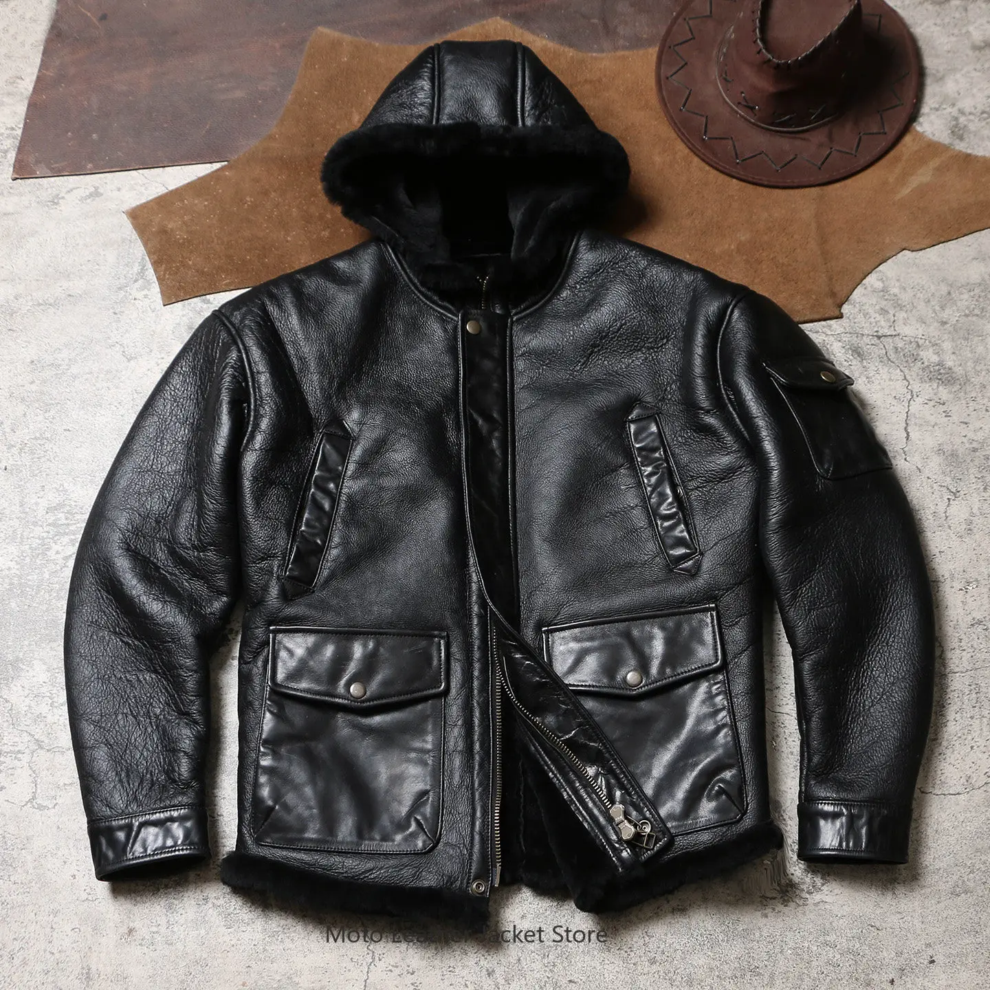 N3B Washed Distressed Genuine Leather Jacket Oversized Sheepskin Shearling Coat Hooded Sheep Fur Integrated Hunting Outerwear
