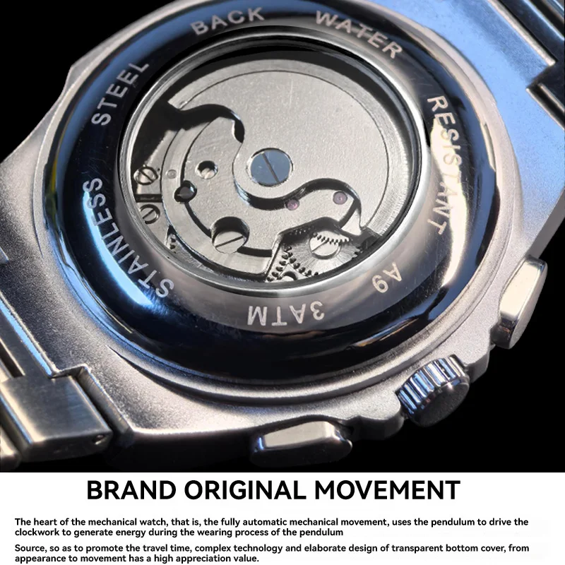 RUIGE Автоматические механические часы с полым ремешком из нержавеющей стали, четырьмя иглами, светящиеся, модный темперамент для мужчин