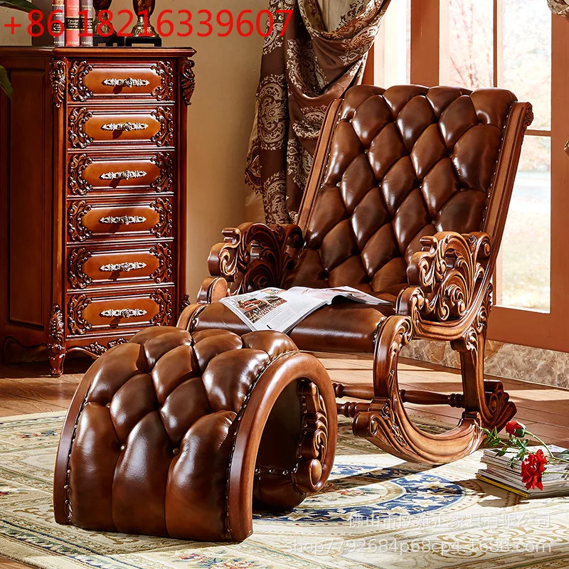 

European all solid wood carving flower light luxury luxury balcony home leisure American recliner leather sofa chair combination