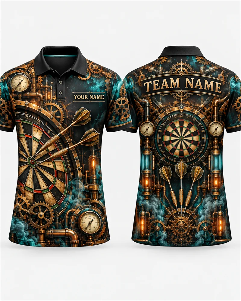 Personalized Darts Polo Shirt Men Team Name Galaxy Wolf Sugar Skull Steampunk Tropical Stag Print Short Sleeve Sports Jersey
