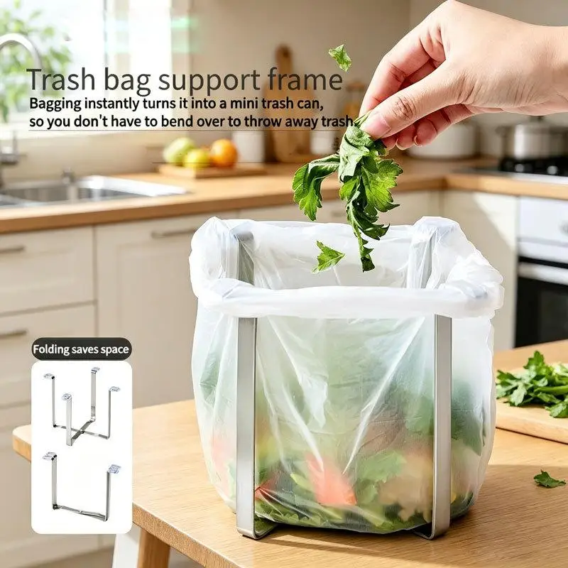 NEW 1Pc Stainless Steel Kitchen Trash Bag Holder Foldable Garbage Bag Stand Countertop Organizer Heavy Duty Space Saving Rack