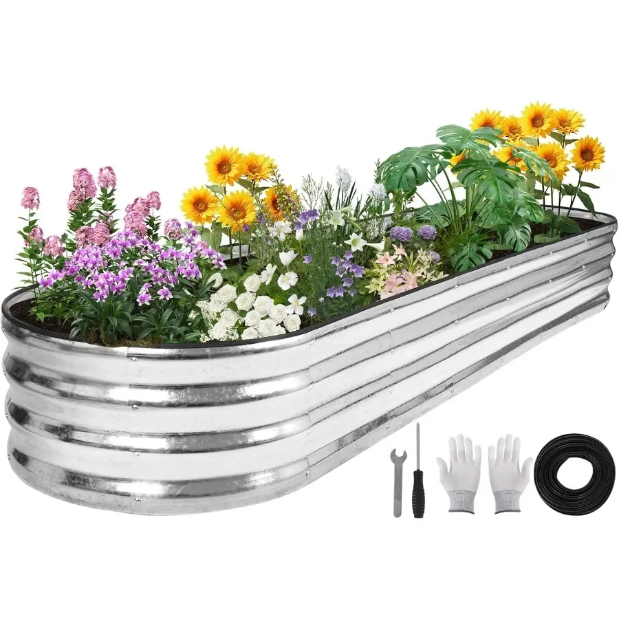 

Galvanized Raised Garden Bed - 8×2×1ft Planter Raised Beds for Gardening Oval Metal Garden Planter Box with Safety Edging and B
