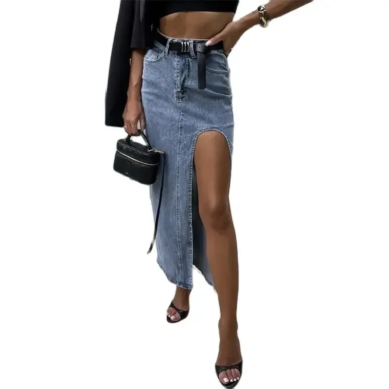 

Fashion Slim Fit High Waist Denim Skirt Women Irregular Side Split Hem Half-body Dress Female Commuter Summer Vintage Streetwear