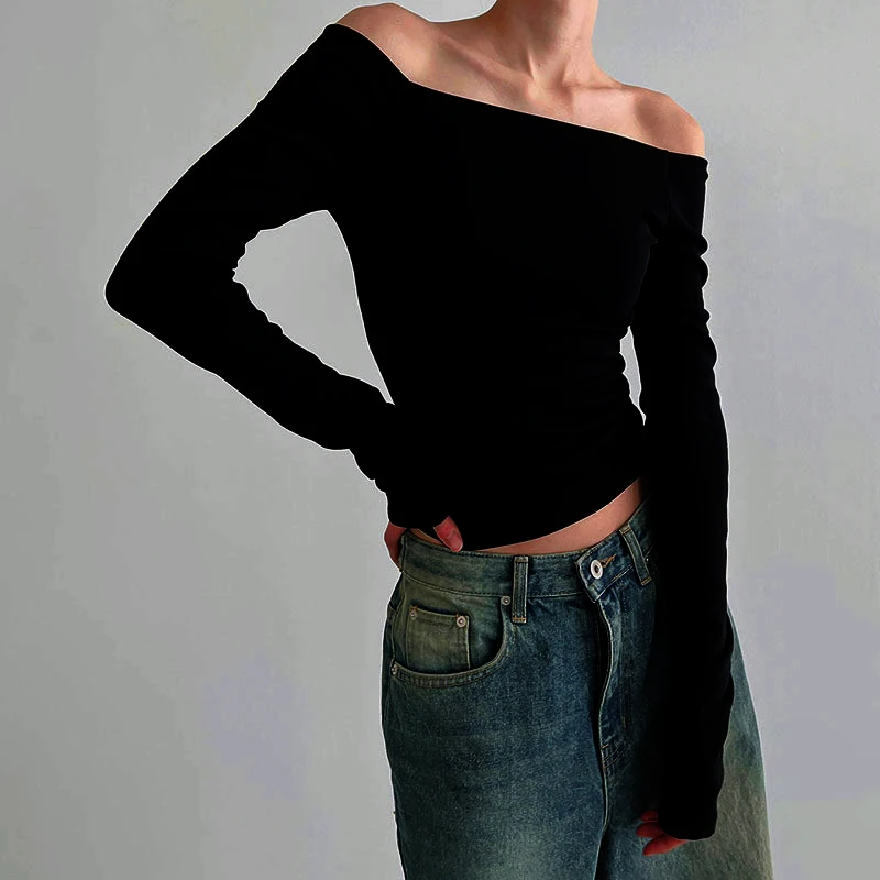 Black Solid Versatile Sexy Slash Neck Elegant Long Sleeve Tops Korean Fashion Slim Cropped T Shirt Women Clothing