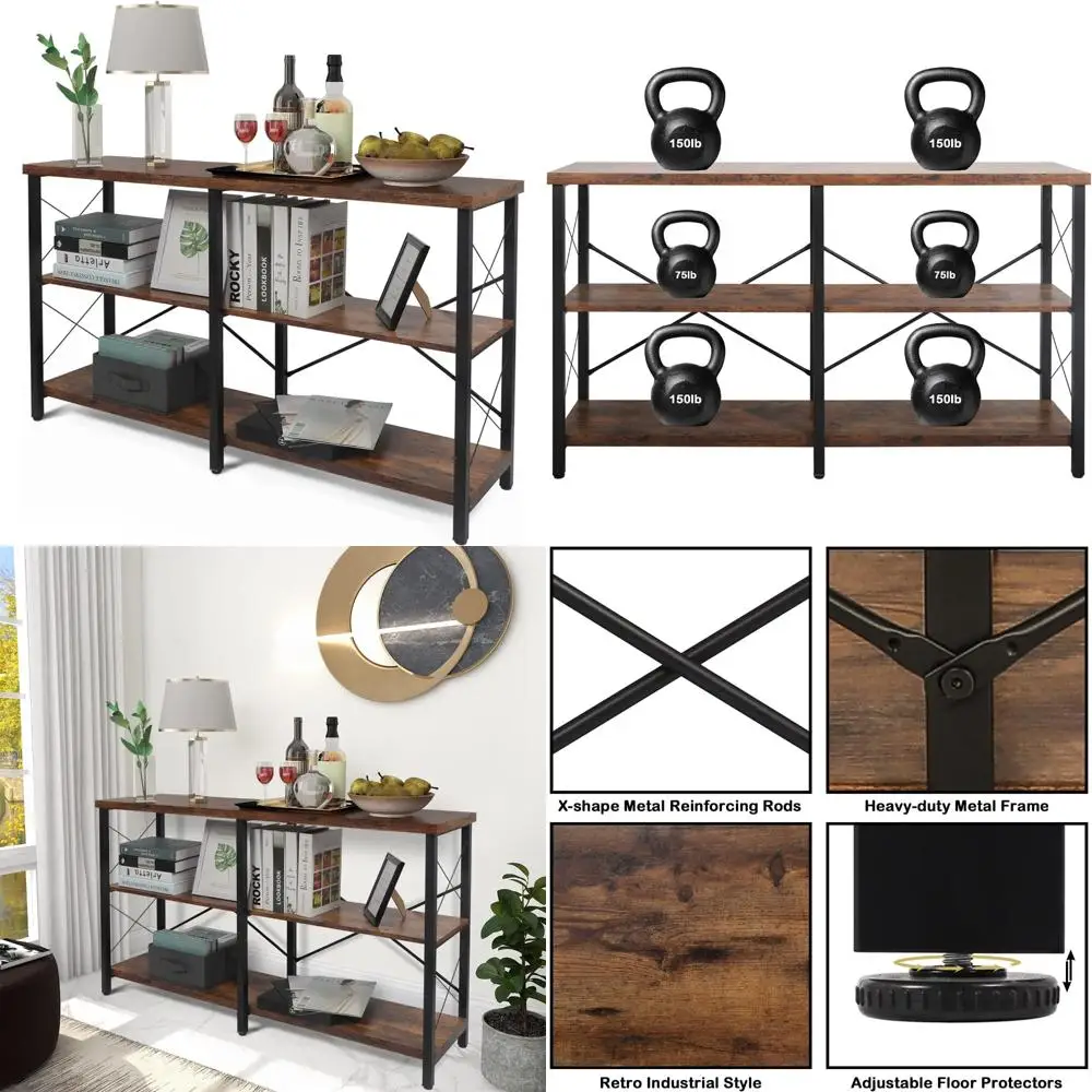 Industrial-Style Entryway Console Table with 3-Tier Open Shelves for Living Room and Entryway Storage