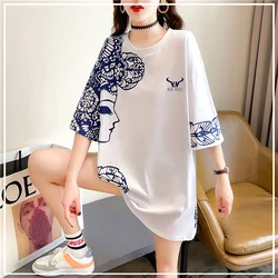 2024 New Summer Fashion Trend Sweet and Cool Round Neck Personalized Print Loose Oversized Casual Large Short Sleeved T-shirt