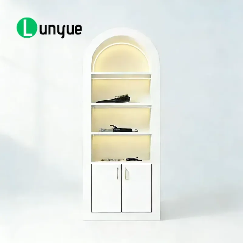 White Arched Display Shelf with LED Lights Storage Rack for Beauty Shop Tools Organization Modern Showcase Cabinet